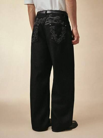 Sonviro Men's Street Fashion Casual Embroidered Loose Wide-Leg Jeans Baggy Jeans Y2k Men