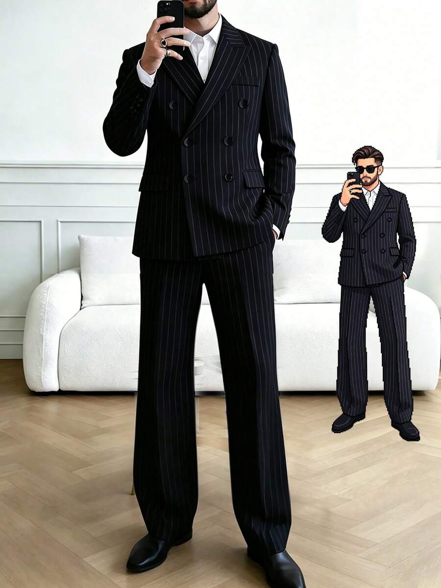 Manfinity Homme Men's Black And White Striped Formal Suit Set,Summer Elegant Business Dinner Wedding Outfit,Evening Party Ceremony Autumn Old Money Vintage Streetwear - Black - View 1