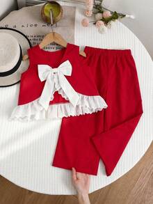 SHEIN LMoss Kids 少女夏季度假雪纺红色蝴蝶结装饰圆领休闲吊带背心和长裤两件套 - 彩色 - 查看 2
