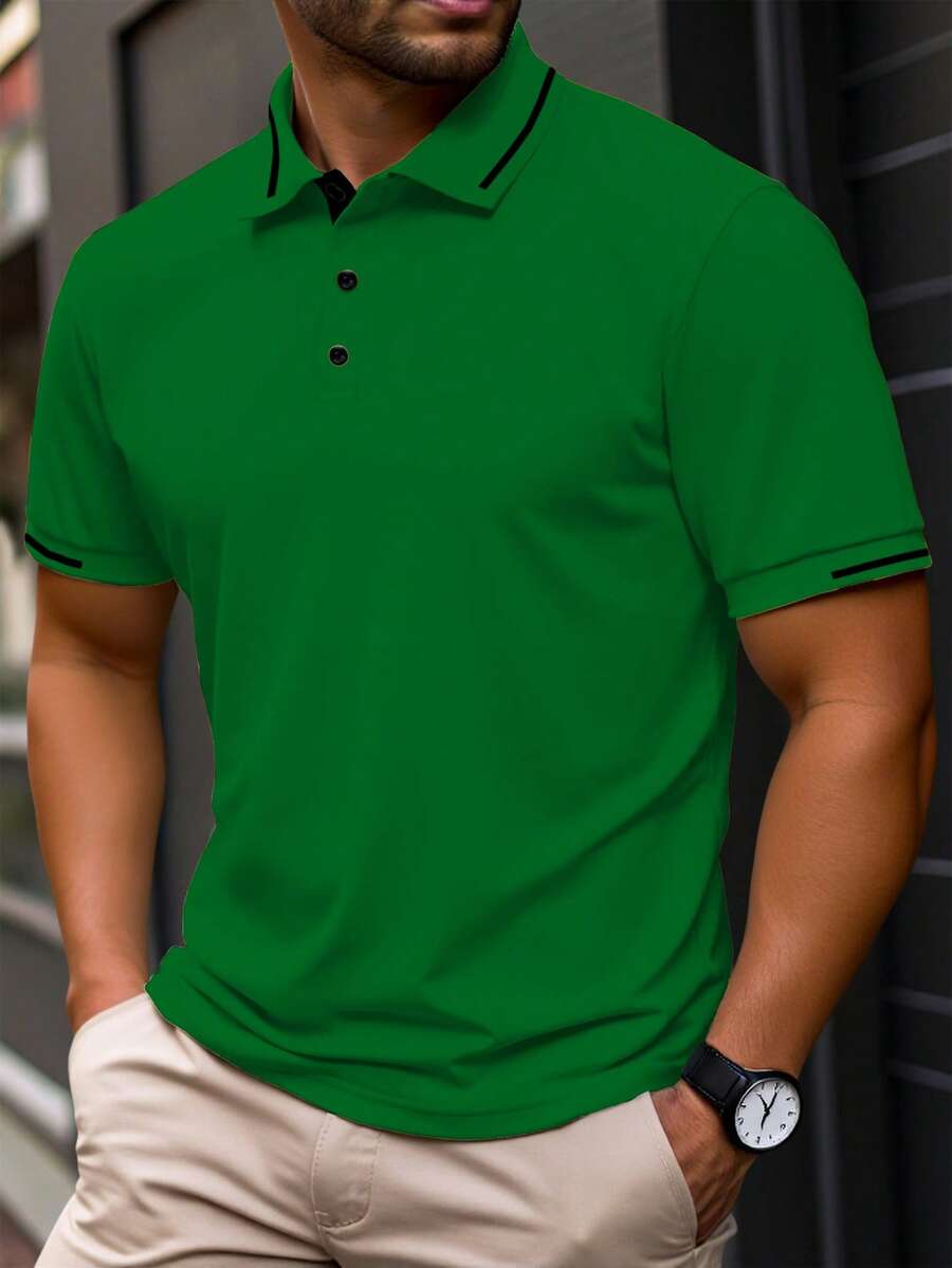 Manfinity Homme 男士大尺碼拼色休閒日常穿著短袖 Polo 衫,正式款 - 綠色 - 查看 1