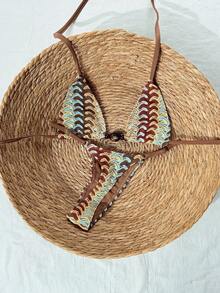 Swim Mod Bộ bikini nữ màu nâu trơn, phối cùng vải móc len xanh dương, vàng, đỏ, kiểu dáng xẻ tà, thích hợp cho mùa Xuân/Hè 2026. - Nhiều màu - Xem 1