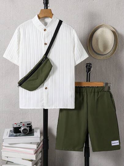 3pcs Tween Boys' Spring/Summer Short Sleeve Shirt, Shorts, And Crossbody Bag Set. The Beige And Brown Color Contrast And The Utility Pockets On The Shorts Create A Stylish, Casual And Look For Boys' Daily Wear.