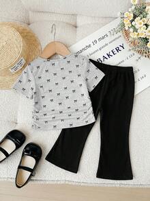 SHEIN 2pcs Baby Girl Knitted Solid Color Round Neck Bow Decor Pleated T-Shirt And Flare Pants Set - Multicolor - View 2