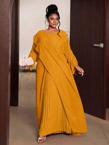 Maweii Plus Size Mustard Yellow Long Sleeve Casual Elegant Commuting Party Formal Outing Versatile 2 Pieces Set Fall - Yellow - View 1