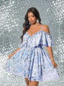 Viva Relle Plus Size Sexy Off-Shoulder Resort Dress - Baby Blue - View 2