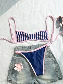 Swim Mod 女款2件式泳裝套裝，夏季新品海灘裝，正反兩面可穿比基尼套裝，花卉與條紋印花，可調節肩帶，甜美風格，適合海灘、泳池、度假 - 彩色 - 查看 2