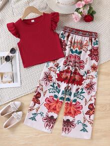 SHEIN Bộ 2 món cho bé gái tuổi teen, gồm áo dệt kim cổ tròn tay phồng và quần ống đứng in họa tiết, phong cách thường ngày thoải mái, phù hợp cho mặc hàng ngày và đi nghỉ mát mùa xuân/hè. - Đỏ - Xem 3