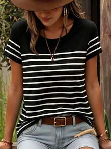 EMERY ROSE Plus-Size Women's Casual Striped Crew Neck Short-Sleeved T-Shirt, Summer - Multicolor - View 1