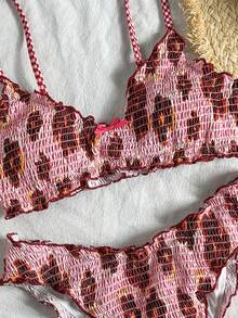 Swim Mod Plaid Fabric Spaghetti Strap Floral Bow Decor Tankini Swimwear Set Pool Party Beach Pink Summer Cute - Multicolor - View 10