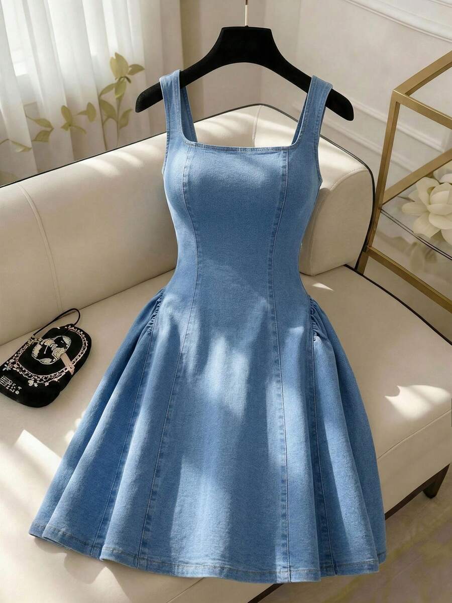 SHEIN MOD Đầm denim không tay cổ vuông dáng casual dành cho nữ - Rửa trung bình - Xem 1