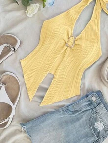 SHEIN Tall CURVE Plus Size Casual Solid Color Backless Halter Top - Light Yellow - View 6