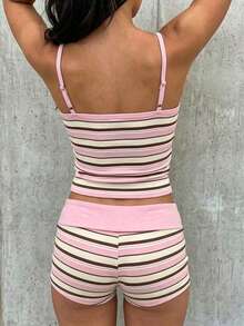SHEIN EZwear Summer Contrast Stripe Trim Camisole And Shorts Set - Pink - View 2