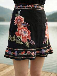 CAJUNI Váy ngắn dễ thương phong cách Boho, họa tiết hoa, thích hợp cho kỳ nghỉ nhiệt đới. - màu đen - Xem 6