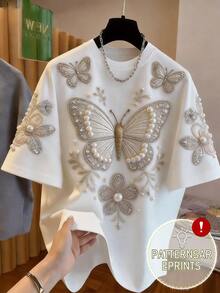 Franclia Áo thun in họa tiết ngọc trai giả, cổ tròn, dáng rộng, tay ngắn, áo thun nữ thanh lịch, phù hợp mặc hàng ngày và hẹn hò. Áo tay ngắn nữ, trang phục mùa hè nữ, áo nữ mới nhất, áo thun thêu họa tiết bướm và hoa. - Nhiều màu - Xem 1