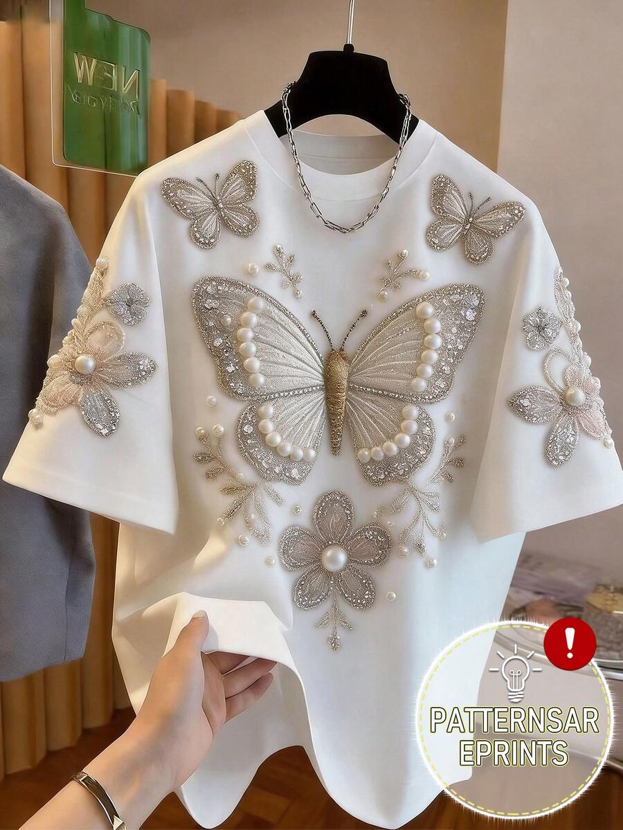 Franclia Áo thun in họa tiết ngọc trai giả, cổ tròn, dáng rộng, tay ngắn, áo thun nữ thanh lịch, phù hợp mặc hàng ngày và hẹn hò. Áo tay ngắn nữ, trang phục mùa hè nữ, áo nữ mới nhất, áo thun thêu họa tiết bướm và hoa. - Nhiều màu - Xem 1