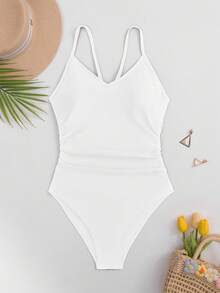 Swim Basics Traje de baño de una pieza con detalle fruncido sin tirantes para mujer de unicolor para la playa del verano - Blanco - Ver 5