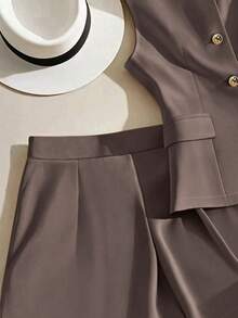Franclia Summer Elegant Office Women Brown 2 Pieces Set,Solid Color Vest & Shorts Blazer Set,Casual Commuter Short Suit Set,Grey Two Piece Shorts Set  Woman - Coffee Brown - View 5