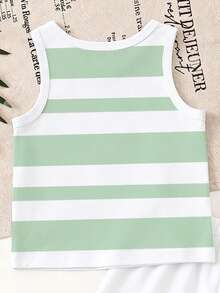 SHEIN Playful Pals 2pcs/Set Young Boy Casual Striped Logo Print Tank Top And Matching Logo Print Shorts, Suitable For Summer Outings - Multicolor - View 7