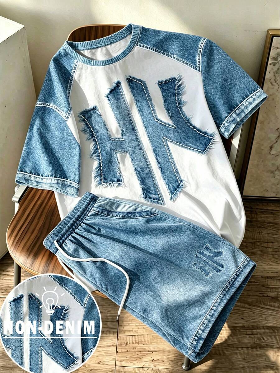 Manfinity Hypemode 1. Bộ đồ gồm áo thun ngắn tay phối màu tương phản phong cách denim cổ điển với chữ NY in nổi, áo thun ngắn tay tối giản phong cách đường phố, quần short cạp chun có dây rút, bộ đồ 2 mảnh thường ngày unisex, trang phục thường ngày cho kỳ nghỉ, áo thun in hình dành cho nam, áo thun in hình quà tặng cho bạn trai nữ, trang phục thường ngày cần thiết cho mùa hè. - Nhiều màu - Xem 1