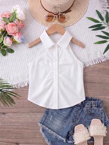 SHEIN Genkimix Kids 女童白色无袖露脐上衣，适合休闲外出、派对和日常穿着。 - 白色 - 查看 3