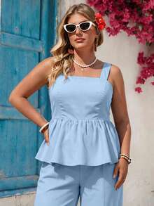 Vivid Eden Plus Size 2 Pieces Set: Solid Color Woven Camisole & Loose Wide-Leg Pants, Suitable For Spring/Summer Vacation - Baby Blue - View 2