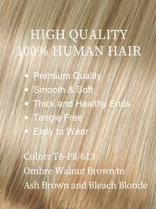 8Pcs 16 Clips Straight Clip In Human Hair Extensions T6-P8/613 Ombre Walnut Brown To Ash Brown And Bleach Blonde Real Remy Hair, 12-18 Inch Double Weft Invisible Design, Add Hair Volume & Enhance Hair Color, Natural Full Head Hairpieces For Women Use - ST6-P8/613 - View 2