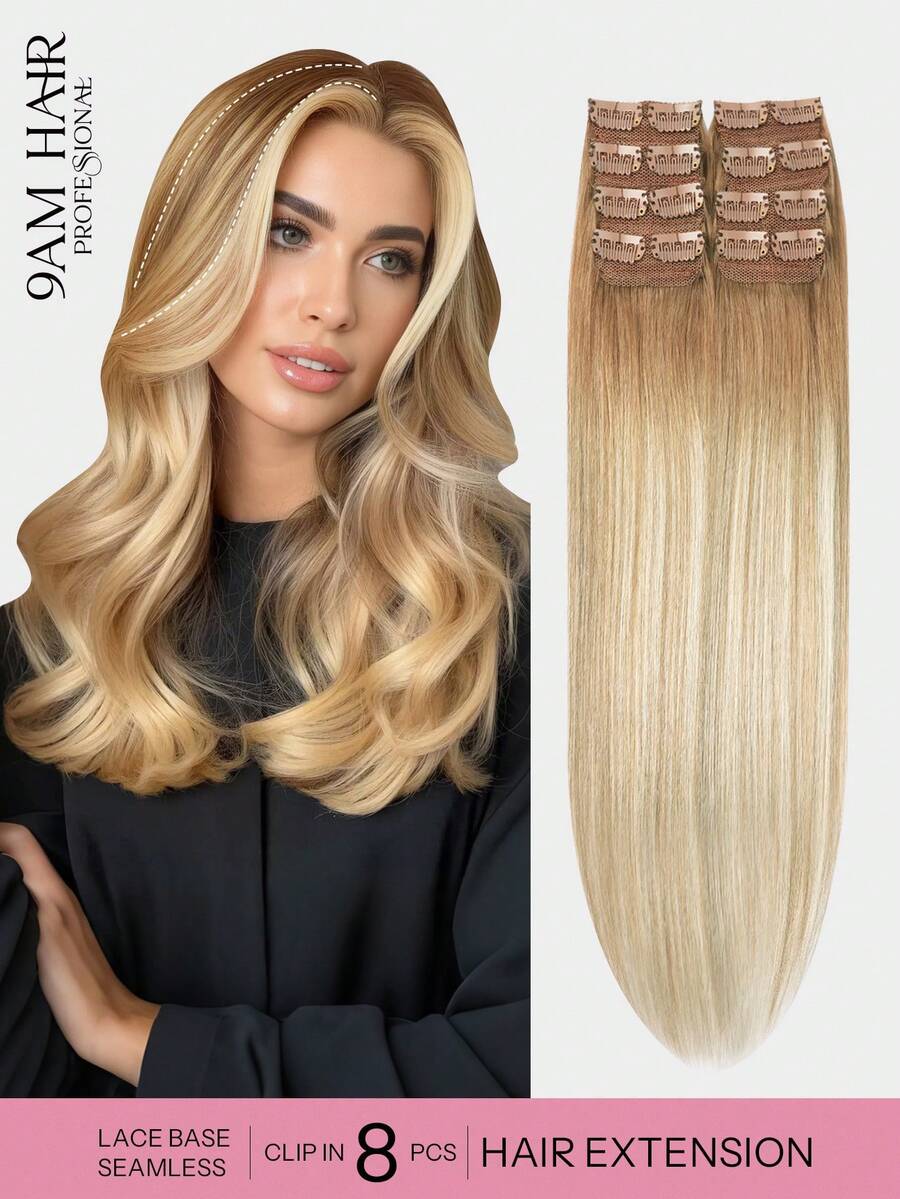 8Pcs 16 Clips Straight Clip In Human Hair Extensions T6-P8/613 Ombre Walnut Brown To Ash Brown And Bleach Blonde Real Remy Hair, 12-18 Inch Double Weft Invisible Design, Add Hair Volume & Enhance Hair Color, Natural Full Head Hairpieces For Women Use - ST6-P8/613 - View 1