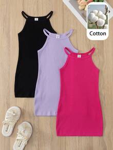 SHEIN Elladie kids 3件套女童纯色吊带连衣裙，罗纹弹力面料，简约吊带领口设计，清爽利落，多种颜色可选，可搭配不同风格，散发甜美清爽的少女气息，适合夏季外出、日常穿着、海滩度假，轻松打造清爽活力夏日造型。 - 彩色 - 查看 4