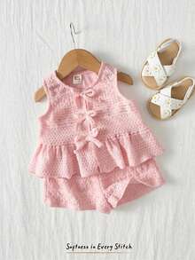 Cozy Pixies Conjunto de 2 peças com Cardigan de Malha de Gola Redonda Sem Mangas e Shorts de Cintura Elástica em Cor Sólida para Bebê Menina - Rosa Bebê - Visão 9