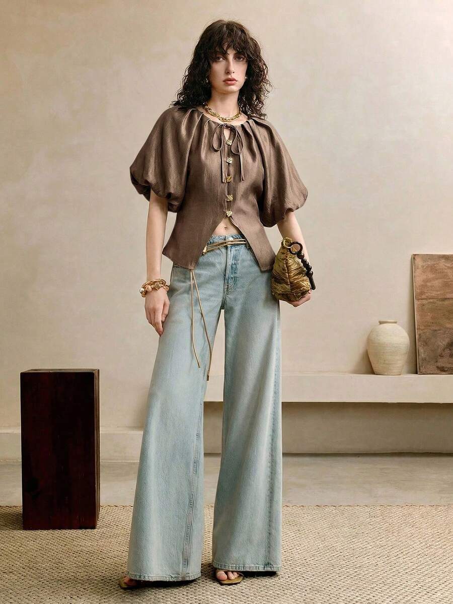 SHEIN 女款純色花瓣袖前綁帶單排扣襯衫 - 棕色 - 查看 1