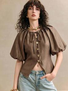 SHEIN 女款純色花瓣袖前綁帶單排扣襯衫 - 棕色 - 查看 8