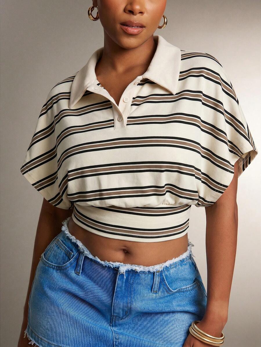Denimoi Cinched Waist Collared Striped Polo Top Fashionable Tops Collared Top - Apricot - View 1