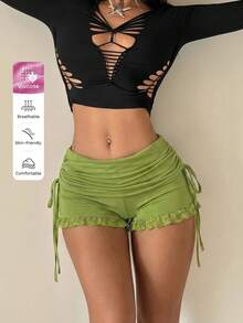 SHEIN PETITE CURVE 大码女式蕾丝边荷叶边休闲百搭日常短裤 - 橄欖綠 - 查看 10