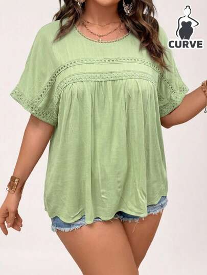 Blusa de Mujer Talla Extra Curve Plus Size de Lino con Encaje, delgada, cómoda, Casual, Mangas 3/4. Ideal para verano, Playa, Días calurosos, Viajes, Día de Primavera