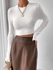 SHEIN Solid Ribbed Knit Crop Jumper - White - View 4