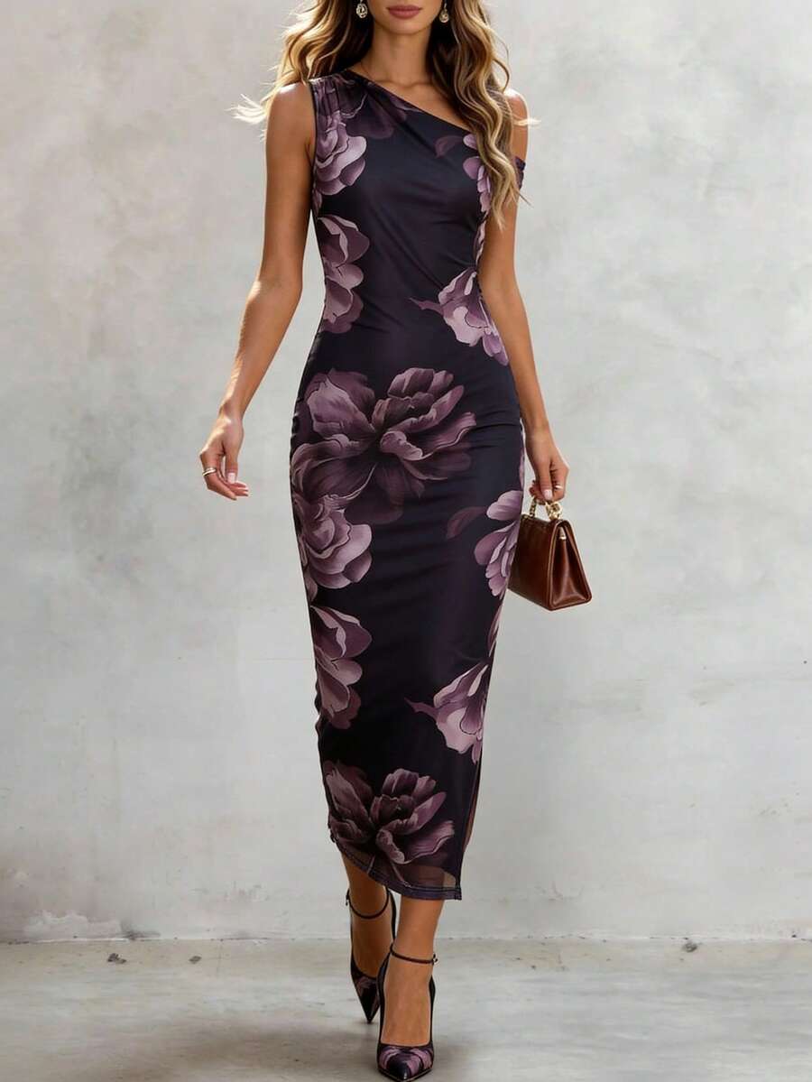 SHEIN LUNE Women's New Elegant Sexy Office, Outing, Vacation, Beach, Commute, Romantic, Party, Birthday, Concert, Valentine's Day, Carnival Outfit, Women's Summer New Asymmetric Neck Tank Top Cinched Waist Mesh Print Long Bodycon Dress, Mesh Print Dress, Asymmetric Neck Dress, Cinched Waist Bodycon Dress, Tank Top Dress, Print Dress, Asymmetric Neck Ruched Dress, Coffee Color Print Dress, Coffee Color, Mesh Dress - Coffee - View 1