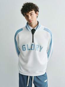 Sonviro Men's Autumn/Winter Color Block Half-Zip Pullover Pullover Sweatshirt, Letter Print, Fashion Versatile, Suitable For Outdoor And Indoor Wear White Sweater Kpop Clothes 90s Sweater Sporty Sweater Men Quarter Zip - Multicolor - View 4