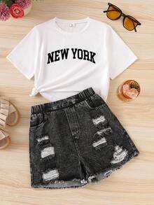 SHEIN 青少年女孩 2件/套 青少年街頭時尚黑白夏季 Y2K 度假返校穿搭迷你套裝，紐約字母印花短版上衣 & - 彩色 - 查看 1
