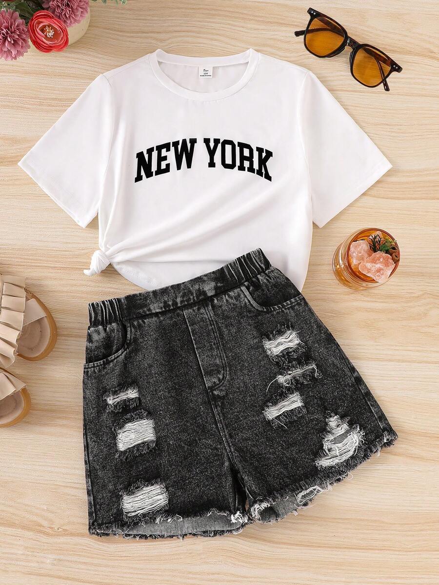 SHEIN 青少年女孩 2件/套 青少年街頭時尚黑白夏季 Y2K 度假返校穿搭迷你套裝,紐約字母印花短版上衣 & - 彩色 - 查看 1