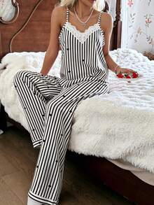 CottageSlumber Women's Striped Heart Print V-Neck Contrast Lace Camisole And Pants Pajama Set, Spring/Summer - Black - View 5
