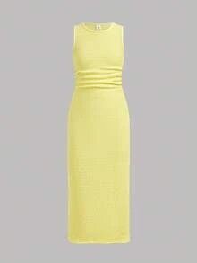 SHEIN Đầm đi nghỉ mát màu vàng, chất liệu vải có họa tiết, dáng ôm vừa vặn, thích hợp cho bé gái tuổi teen. - Màu vàng - Xem 7