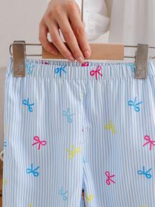 Souflis Souflis 2pcs/Set Pakaian Anak Perempuan Bergaris Biru & Putih, Atasan Tanpa Lengan dengan Hem Berkerut & Celana Panjang Lebar, Motif Pita Warna-warni, Cocok untuk Liburan Keluarga dan Piknik di Musim Panas - Biru - View 6