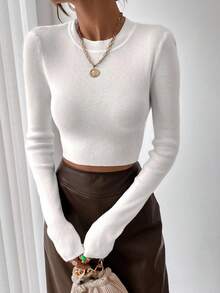 SHEIN Solid Ribbed Knit Crop Jumper - White - View 5