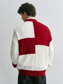 Sonviro Men's Contrast Color Long Sleeve Single-Breasted Casual Knit Cardigan, Autumn/Winter - Red - View 2