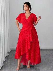 SHEIN Unity Vestido envolvente de lunares talla grande con cintura anudada, volantes en el bajo y abertura lateral - Burdeos - Ver 5