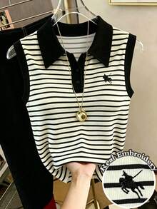 SHEIN Elenzya Áo tank top dệt kim không tay cổ polo, khóa kéo nửa thân, họa tiết sọc, thêu, kiểu dáng thường ngày, thanh lịch cho việc đi lại hàng ngày. - màu đen - Xem 3