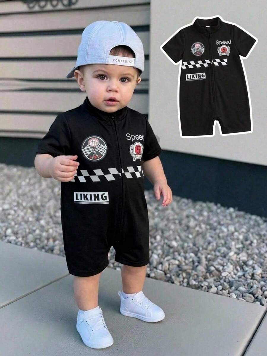 SHEIN Baby Boy/Girl Letter & Racing Car Pattern Knit Soft Short Sleeve Romper With Shorts - Multicolor - View 1