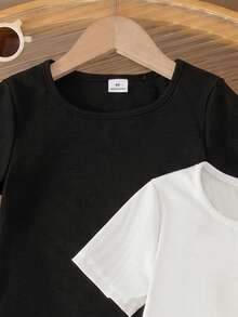 SHEIN 2件套女童纯色圆领短袖棉质连体衣，黑白两色，百搭 - 彩色 - 查看 5