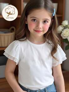 Elladie kids 1 chiếc áo thun trắng trơn cổ tròn viền bèo, kiểu dáng tối giản và đa năng dành cho bé gái. - Nhiều màu - Xem 1
