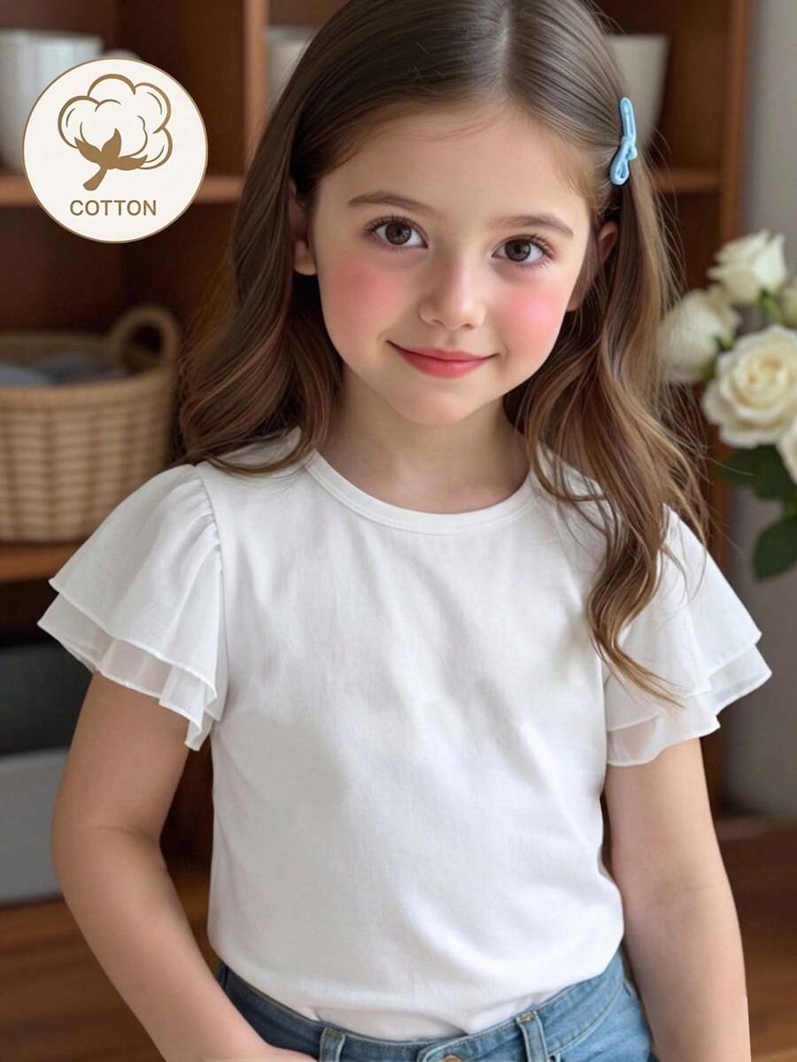 Elladie kids 1 chiếc áo thun trắng trơn cổ tròn viền bèo, kiểu dáng tối giản và đa năng dành cho bé gái. - Nhiều màu - Xem 1